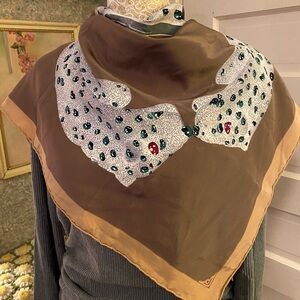 Vintage Must De Cartier Panthere panther bracelet silk scarf brown tan 32”
